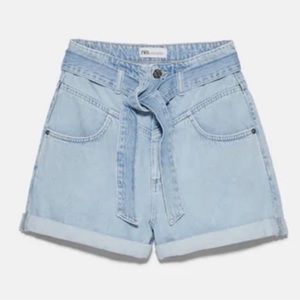 Zara Denim Blue Jean Shorts Hi Waisted Belted